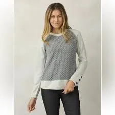Prana Aya Gray Gravel Cable Knit Patchwork Wool Blend Sweater Large - Image 8