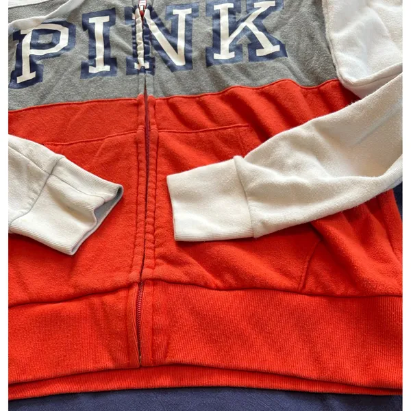 Victorias Secret PINK Full Zip Hoodie XS Red/Orange Colorblock Sweatshirt - Image 2