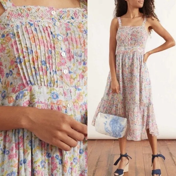 Loveshackfancy Tove Sleeveless Floral Midi Dress Buttons Pockets Cotton Sz 6 - Image 2