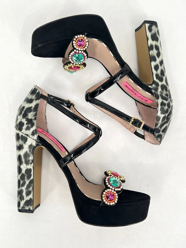 Betsey Johnson Sainte Black Silver Leopard Rhinestone Platform 5” High Heels 7.5 - Image 3
