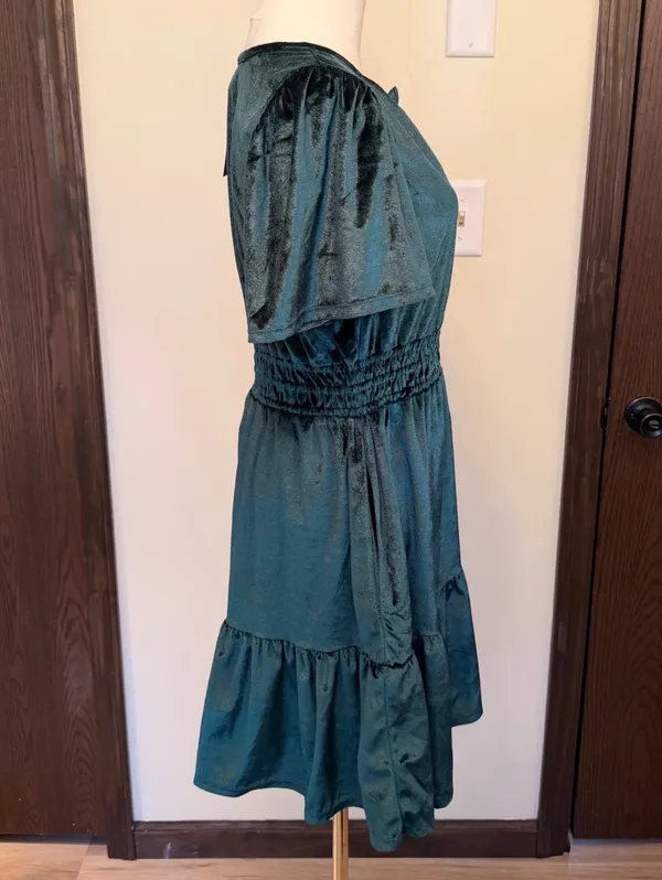 French Connection Dark Green Velvet Tiered Midi Dress - Image 5