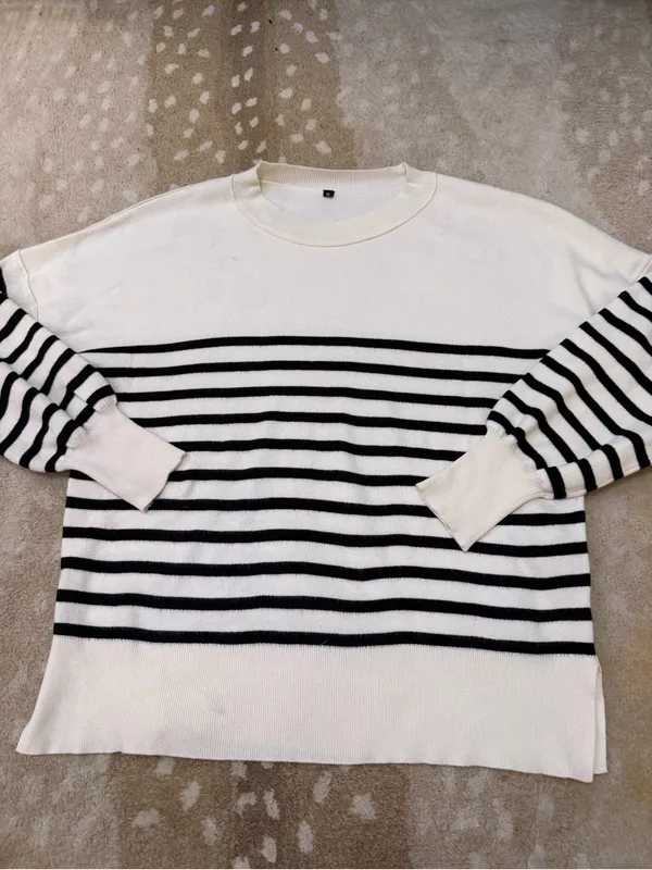 Black Ivory Striped Breton Knit Sweater Women’s M Oversized Crewneck - Image 5