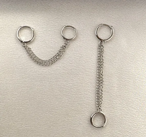 Double Piercing Dangle Chain Earrings for Women Silver - Image 2