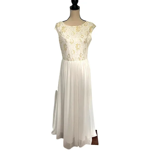 Candalite Glitter Lace Chiffon Maxi Dress Sz S Boho Fairy Flowy Cottage Formal - Image 2