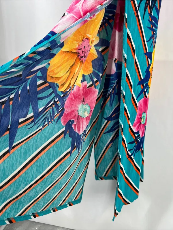Tropical Floral Striped Crisscross Back Maxi Dress Medium‎ Side Slit - Image 11