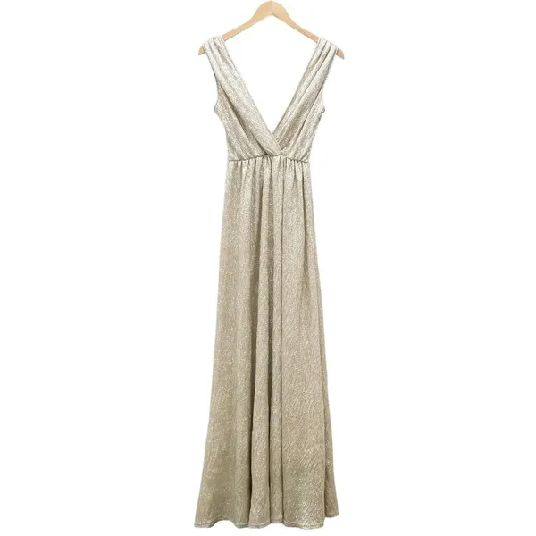 Lulus All that Shimmers is Gold Light Gold Maxi Plunging Neck Dress Size XS - Image 2