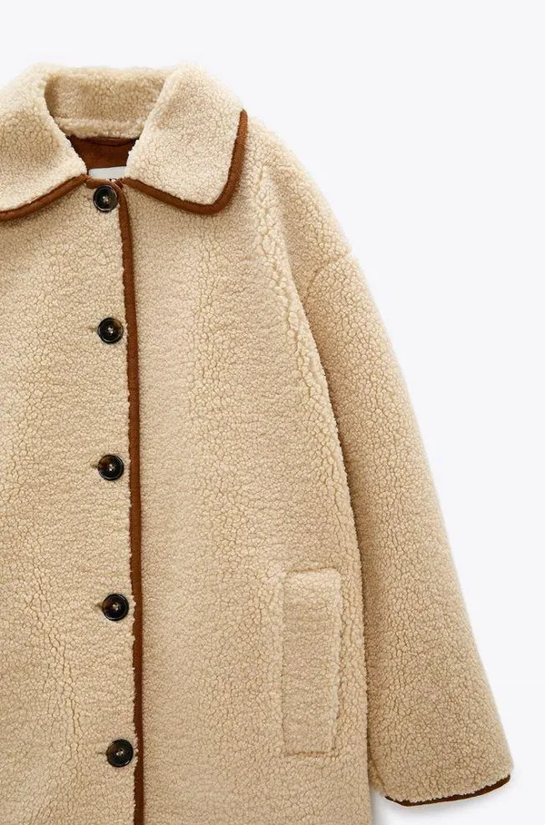 ZARA Tan Brown Cream Sherpa Suede Leather Button Down Coat Jacket - Image 10