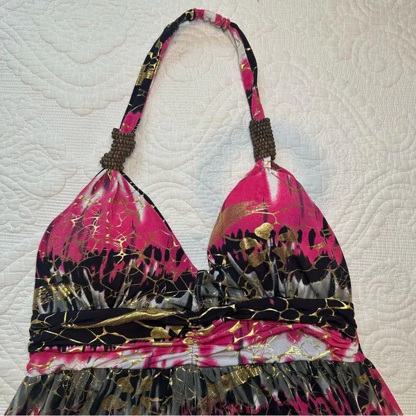 Paradise Contour Y2K Halter Dress. Pink and Gold. Size: Medium. - Image 4