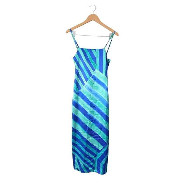 Nasty Gal Satin‎ Maxi Dress Size 2 Blue Green Stripe Abstract Tie Back - Image 2
