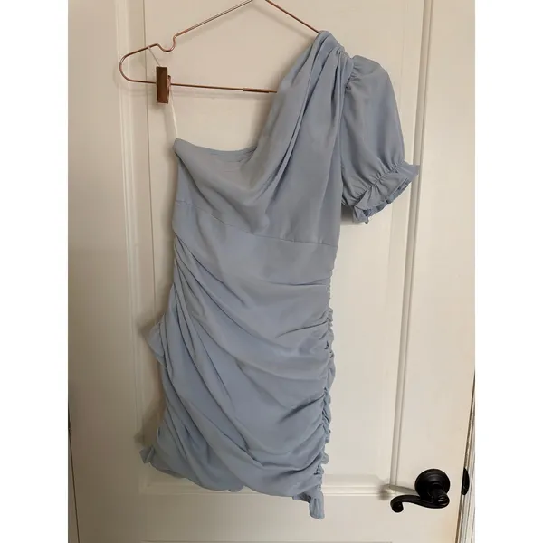 Hello Molly Mini Dress Women 4 Light Blue Excellent One‎ Shoulder Ruched Ruffle - Image 4