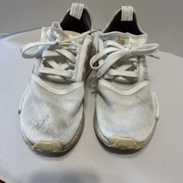 adidas‎ NMD_R1 White Iridescent Sneakers Tennis Shoes Women’s 6.5 Silver Stripes - Image 3