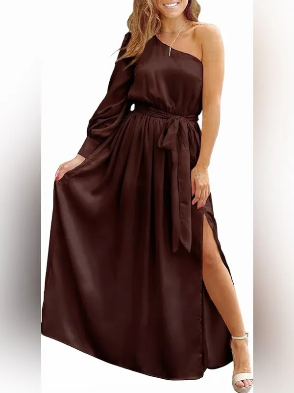 $60 NWOT KIRUNDO Women's Satin Long Sleeve One Shoulder Maxi Dress M - Image 5