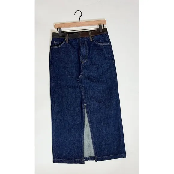 ZARA ZW Collection Denim Midi Skirt Contrast Suede Waistline Blue Pockets Small - Image 2