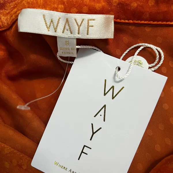 NWT WAYF Polka Dot Jacquard Mini Shift Dress Orange Boho Satin Split Cuff Size S - Image 6