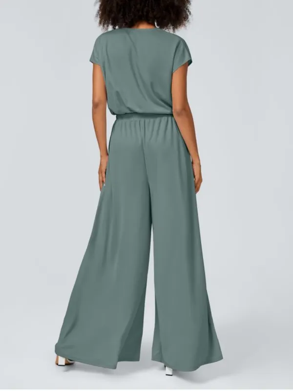 NWOT Halara Blue V Neck Short Sleeve Wide Leg Flowy Waffle Casual Jumpsuit - Image 2