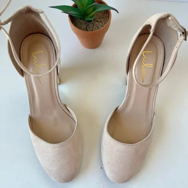 Lulu's Ankle Strap Block Heels Womens Shoes Size 9 Blush Pink Gold Faux Suede - Image 5