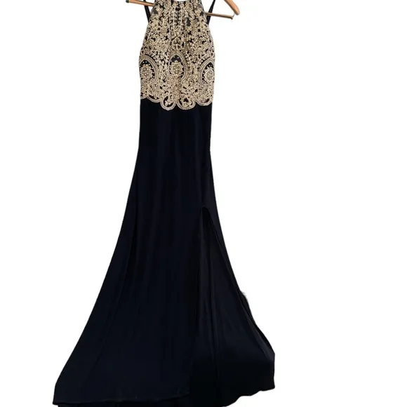 Blondie Nites Dress Juniors 11‎ Medium Black V-Neck Embellished Maxi Formal - Image 4