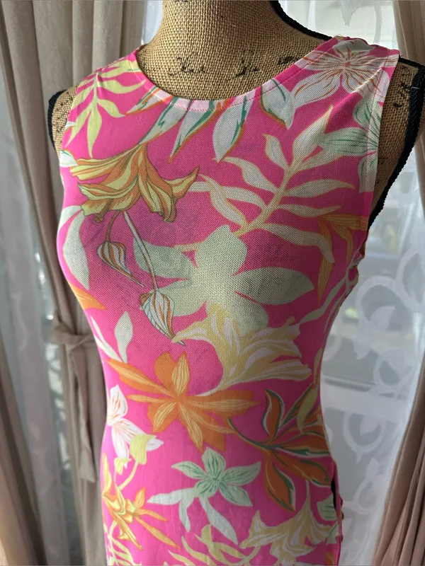 Derek Heart Pink Tropical Floral Swim Cover Up Dress Sz Small Side Tie Slits - Image 3