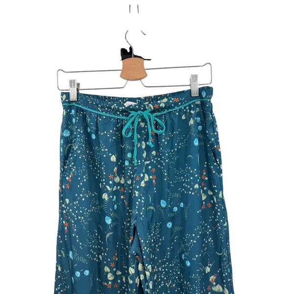 Bed To Brunch Botanical Pajama Lounge Pants Teal Satin Feel Drawstring Small‎ - Image 2