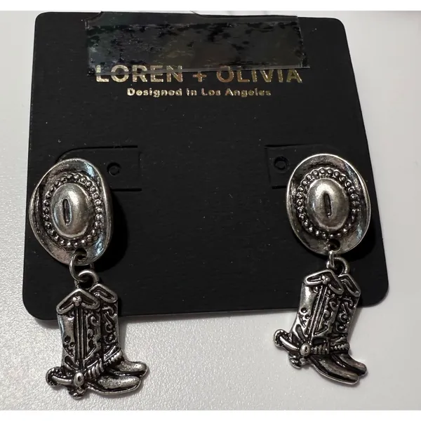 Loren + Olivia Silver Cowboy Hat Boot‎ Western Dangle Earrings Cowgirl New - Image 2