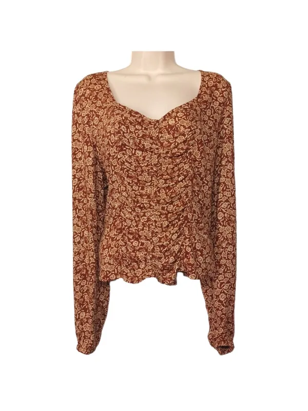 IDYLLWIND BY MIRANDA LAMBERT Brown Tan Floral Print Ruched Long Sleeve Top S - Image 3