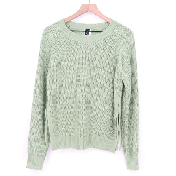 SHEIN Mint Green Shaker Knit Side Tie Lace Up Sweater Large Crew Neck Pullover - Image 2