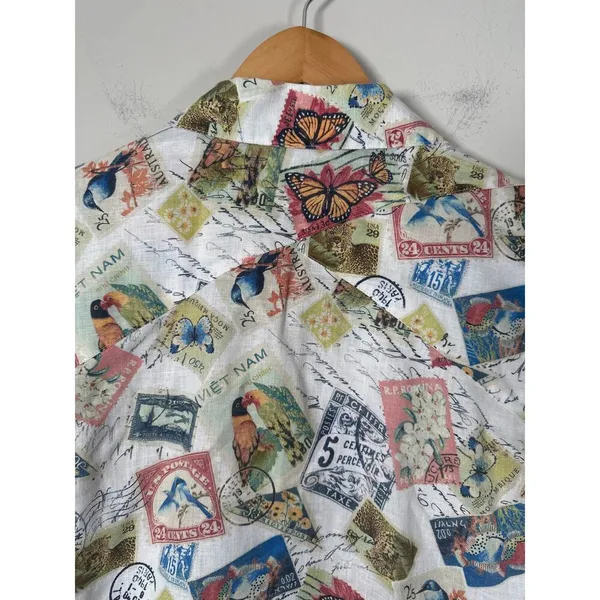 Chicos‎ Women's Linen Postage Stamp 3/4 Sleeve Button-up Top Sz L (2) Travel - Image 6