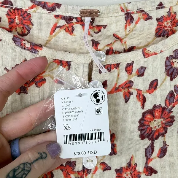 NEW Free People Tilly Tea Combo Ivory Floral Button Front Cotton Long Sleeve Top - Image 8