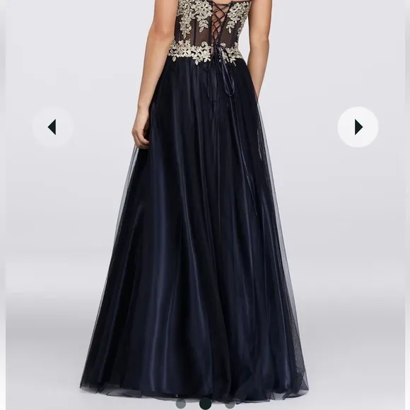 Blondie Nites Gown Juniors‎ Size 9 Navy Long Mesh Gown Corset Style Gold Prom - Image 2