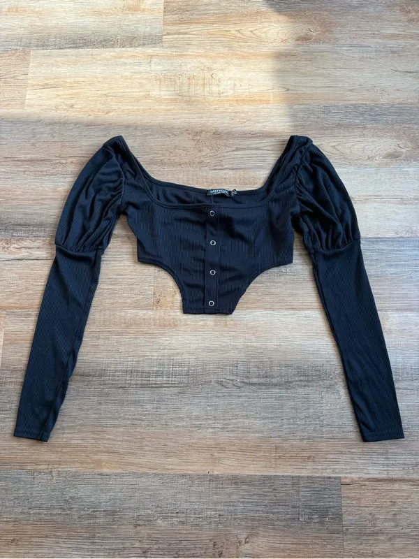 Nasty Gal Black Square Neck Ribbed Button Crop Top Size 8 - Image 3