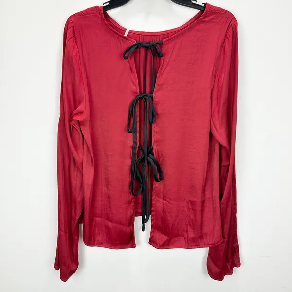 Free People Arabella Blouse Rubies Red Satin Long Sleeve Bow Back Medium NWT - Image 3