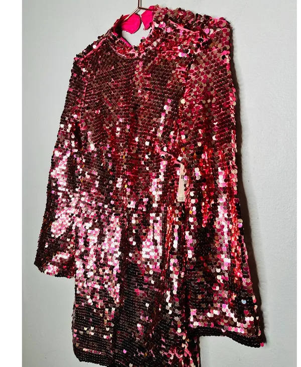 ANTHROPOLOGY MAEVE Pink Sequin Mock Neck Bell Sleeve Mini Dress NWT Size XS - Image 7