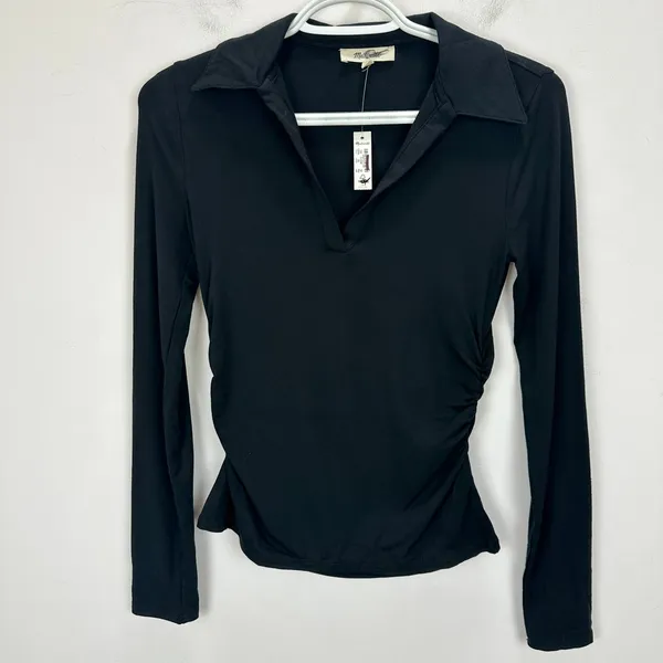 Madewell Side Cinch Long Sleeve Polo Top Stretch Jersey Knit Black XXS NWT - Image 3