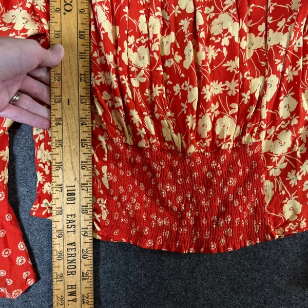 Free People Red Floral Mixed Print Blouse Flared Sleeve Smocked Back L Boho NWT - Image 6