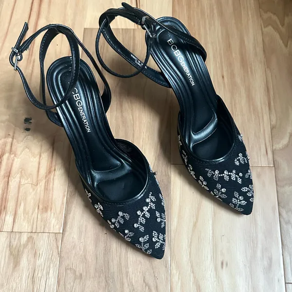 NEW BCBGeneration Black Rhinestone-Embellished Pointed Toe Ankle-Strap Heels - Image 3