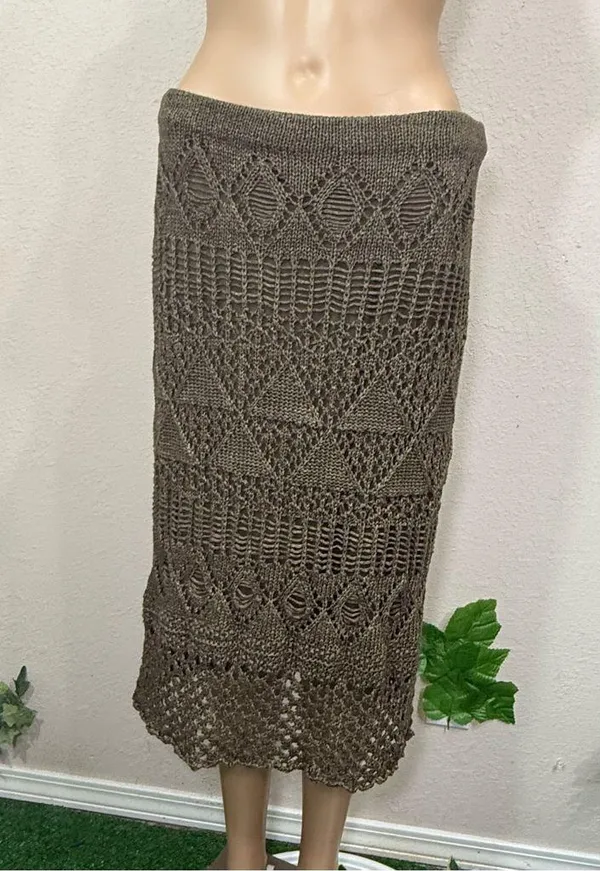 Olive Crochet Fringe Skirt Tan Size L - Image 2
