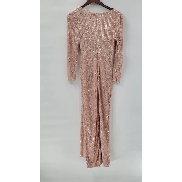 Sublime Sequined Gown S Pink Faux Wrap Long Puff Sleeve Tigh Slit Party Wedding - Image 9