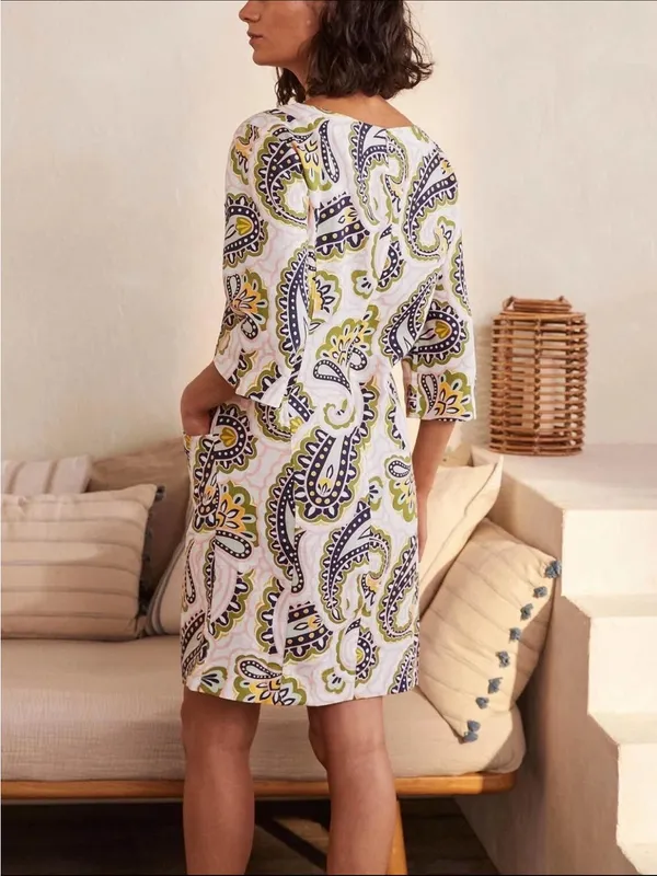 Boden Laurie Linen Paisley Print Coastal Boatneck Dress White Green Pink 8P - Image 4