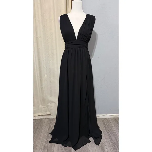 Lulus Maxi Dress XS Heavenly Hues Black Deep V-Neck Side Slit Gown Prom Romantic - Image 3