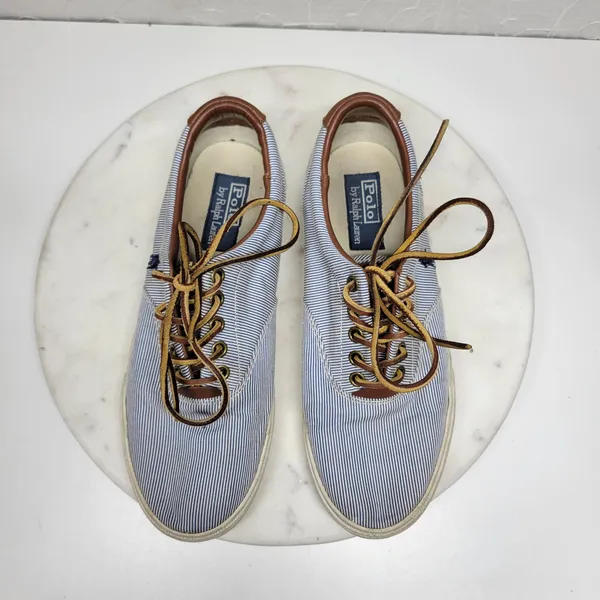 Polo Ralph Lauren Vaughn Boat Shoes Mens 9.5 Blue White Pinstriped Deck Sneakers - Image 7