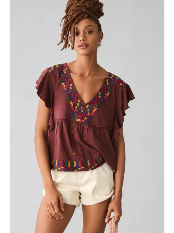 Anthropologie Brown Embroidered Bohemian V-Neck Ruffle Short Sleeve Top - Image 3