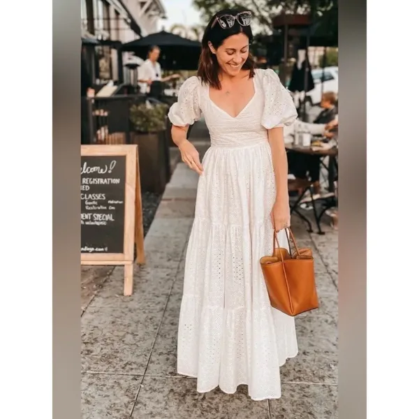 Mille white Eyelet Cotton Maxi Dress summer Women's Size S - Image 4