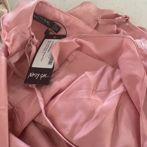 Nasty Gal NWT Pink Satin Ruffle Detail Strappy Wrap Maxi Dress - Image 5