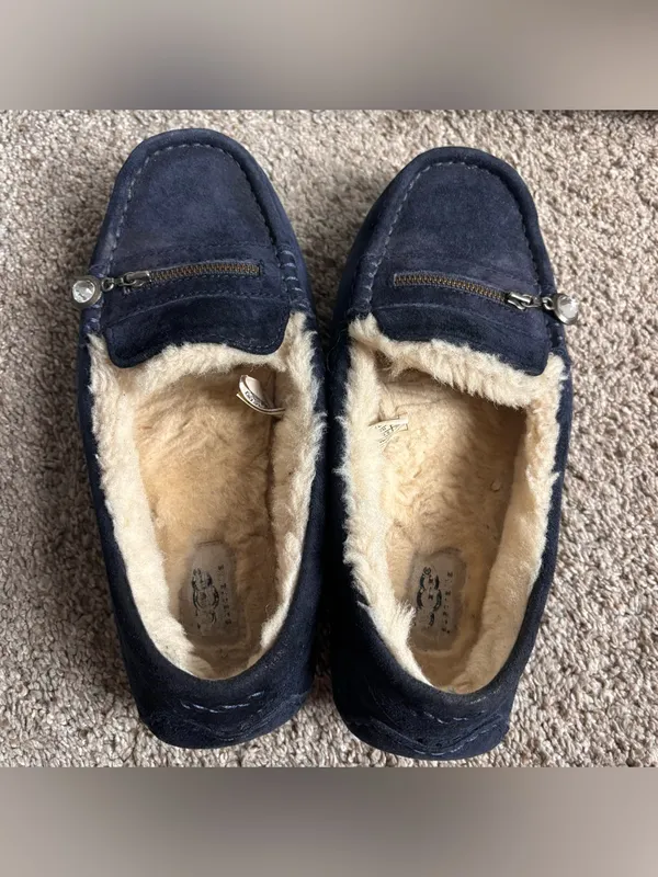 UGG Ansley Charm Loafers Slippers Navy Suede Shearling Size 8 - Image 5