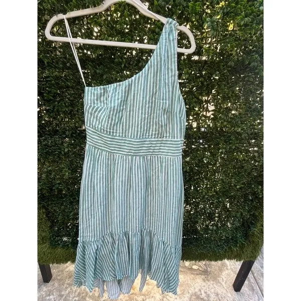 Audrey Parks Francescas One‎ Shoulder Striped Ruffle Mini Dress Sage Green White - Image 4