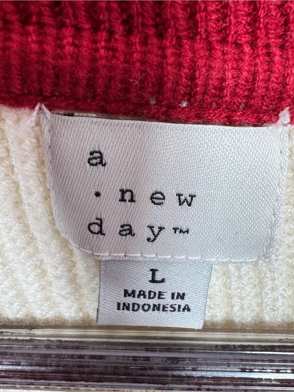 A New Day Rugby Stripe Polo Collar‎ Oversized Sweater Cream Red Large Preppy - Image 10