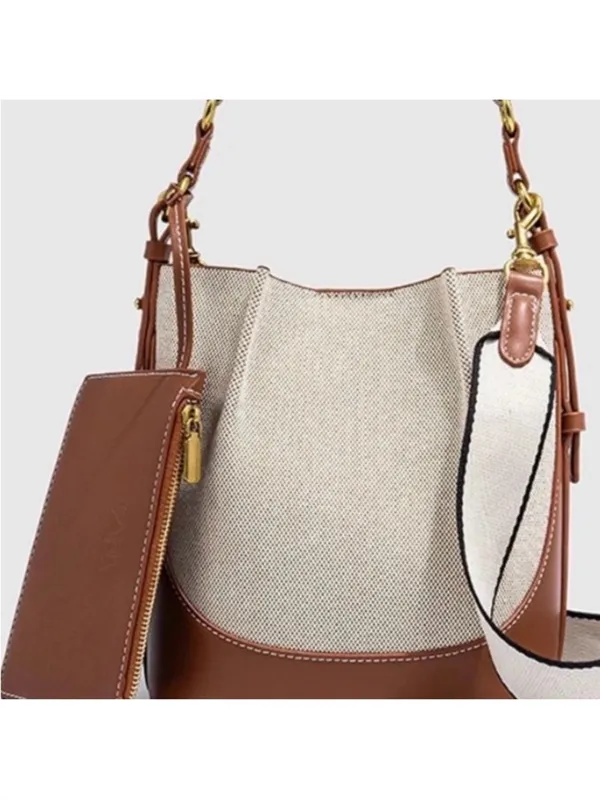 Zara NWT cream & brown Canvas & Leather Shoulder bucket Bag - Image 2