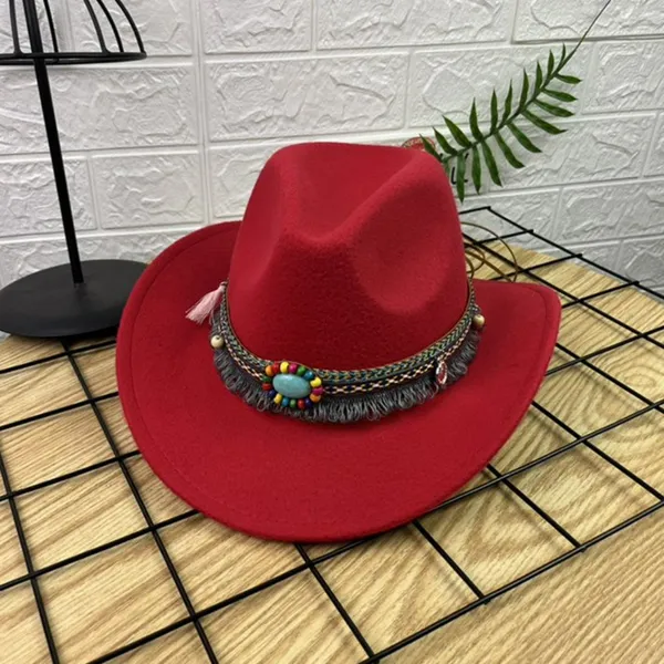 Red‎ Western Cowboy, Cowgirl Hat, Bead Tassle Strap, Men Women Retro Wide Brim - Image 4