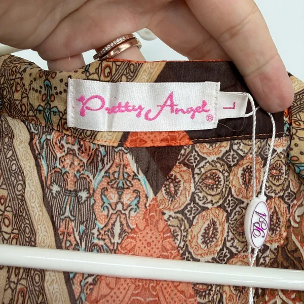 Pretty Angel‎ Sheer Large Orange Brown Paisley Boho Sharkbite Hem Tunic Top NWT - Image 5