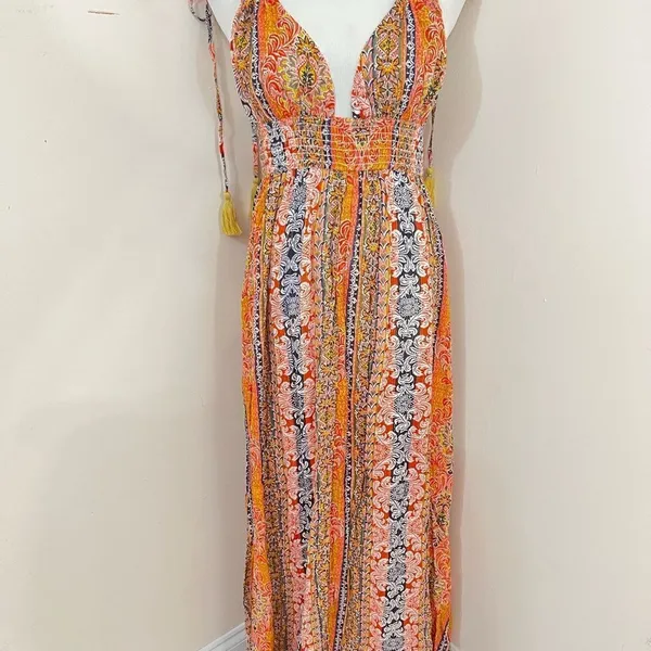 En Creme Boho Mixed Print Floral Stripe Halter Dress S NEW - Image 3